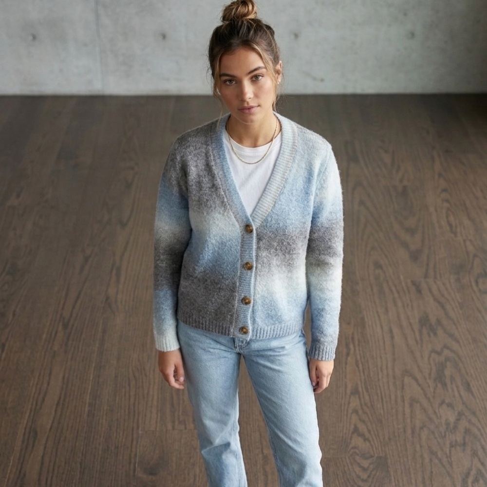 Gradient Blue and Gray V-Neck Button Cardigan Sweater